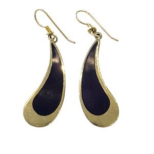 vintage  Laurel Burch Navy Blue Enamel Gold Tone French Wide Tear Drop